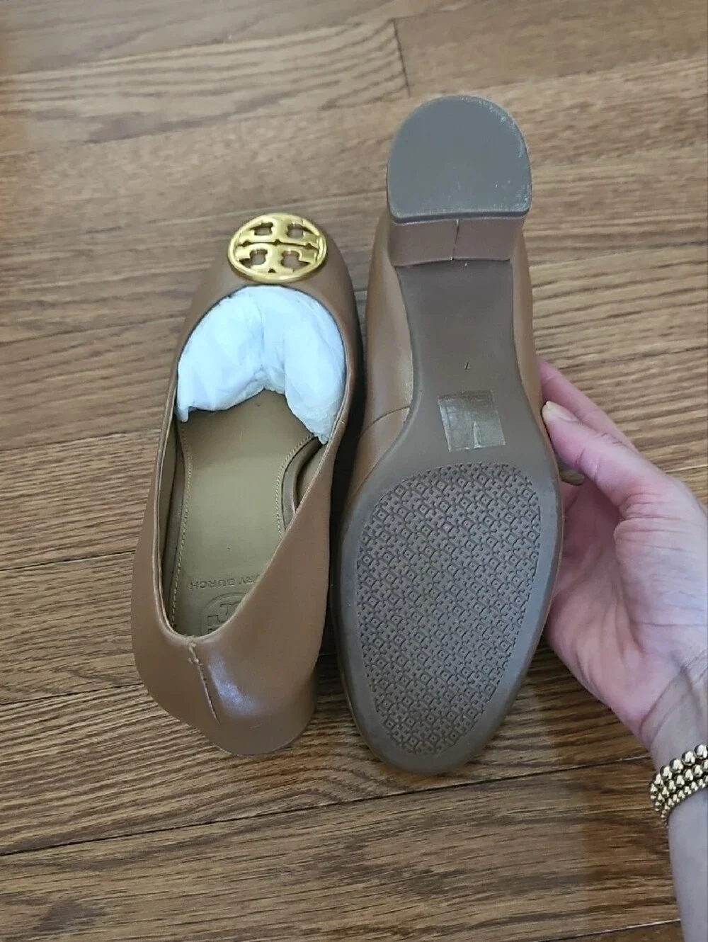 Tory Burch Tan Leather Round-Toe Pumps with Gold Logo Medallion